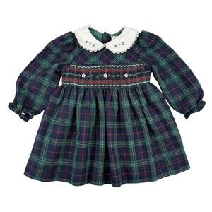 VTG Baby Togs Smocked Plaid Dress Toddler Girls 24M Green Navy Holiday Photos